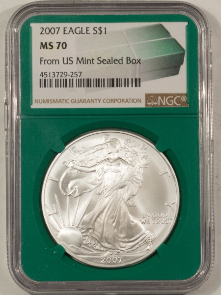 American Silver Eagles 2007 $1 AMERICAN SILVER EAGLE – NGC MS-70, FROM US MINT SEALED BOX! GREEN HOLDER