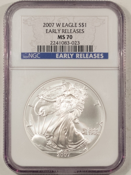 American Silver Eagles 2007-W $1 BURNISHED AMERICAN SILVER EAGLE – NGC MS-70, EARLY RELEASES BLUE LABEL