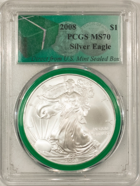 American Silver Eagles 2008 $1 AMERICAN SILVER EAGLE – PCGS MS-70, FROM US MINT SEALED BOX! GREEN LABEL