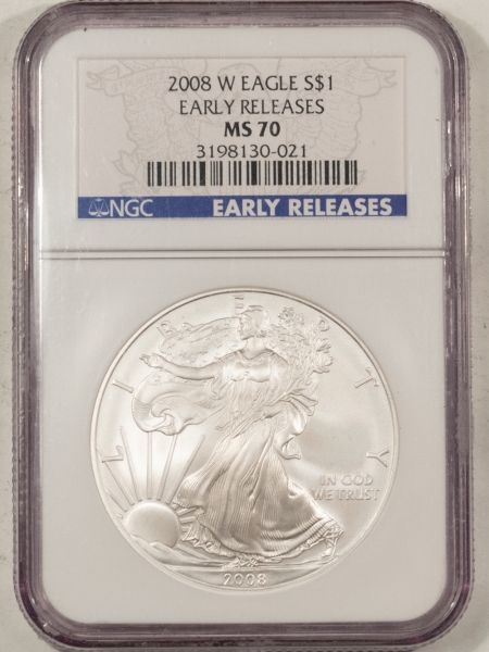 American Silver Eagles 2008-W BURNISHED $1 AMERICAN SILVER EAGLE – NGC MS-70, EARLY RELEASES BLUE LABEL