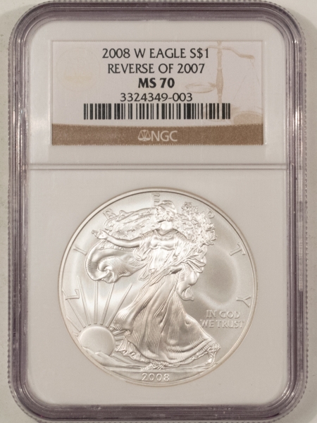 American Silver Eagles 2008-W REVERSE OF 2007 BURNISHED $1 AMERICAN SILVER EAGLE – NGC MS-70, KEY-DATE!