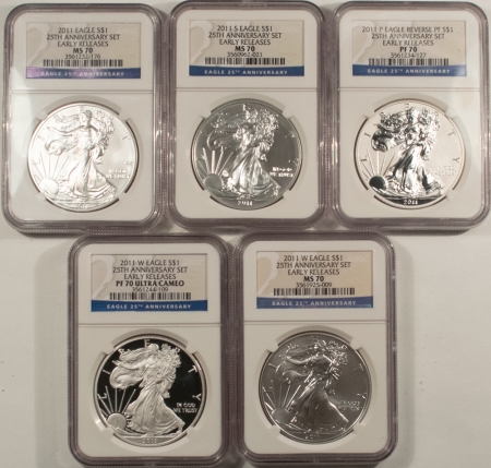 American Silver Eagles 2011 AMERICAN SILVER EAGLE 5 COIN 25TH ANN SET NGC MS-70 & PF-70 EARLY RELEASES