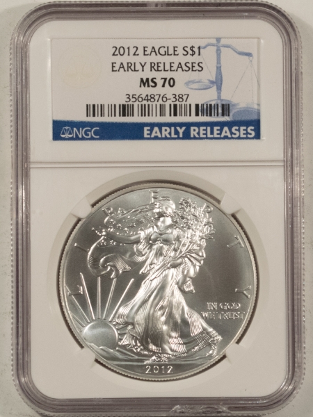 American Silver Eagles 2012 $1 AMERICAN SILVER EAGLE, 1 OZ – NGC MS-70, EARLY RELEASES, BLUE LABEL