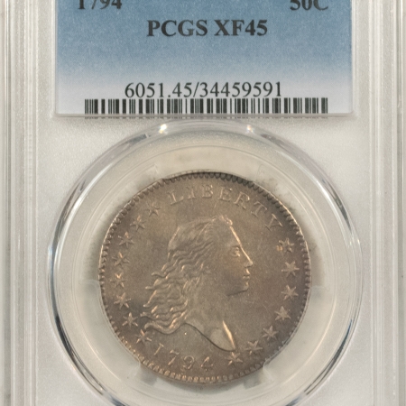 Early Halves 1794 FLOWING HAIR HALF DOLLAR – PCGS XF-45, PLEASING, WELL-STRUCK 1ST YEAR ISSUE