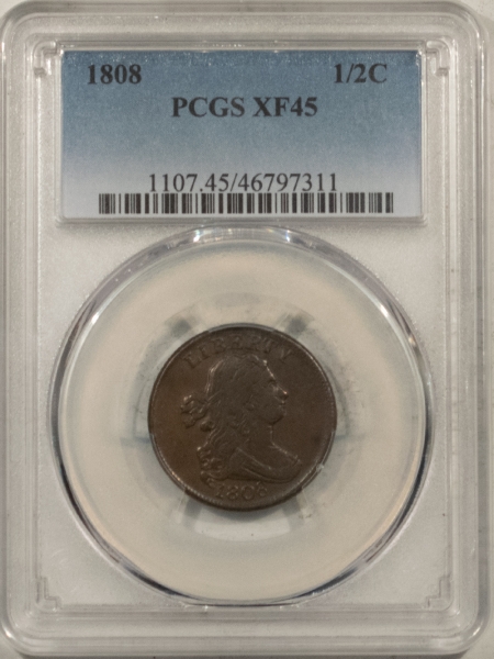 Draped Bust Half Cents 1808 DRAPED BUST HALF CENT – PCGS XF-45, SCARCE DATE, PLEASING & WHOLESOME!