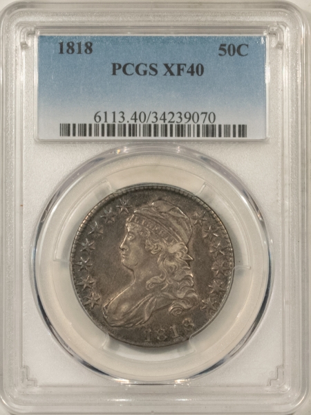 Early Halves 1818 CAPPED BUST HALF DOLLAR – PCGS XF-40, NICE, ORIGINAL!