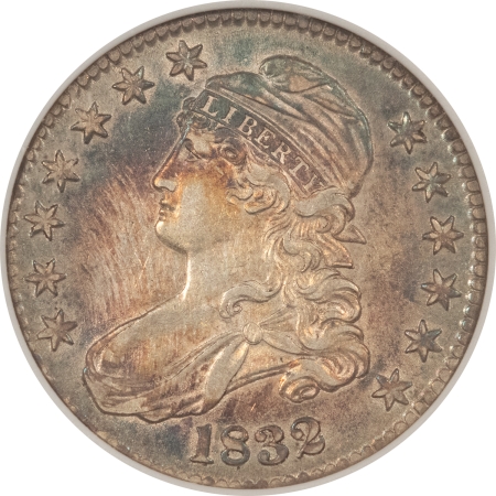 Early Halves 1832 CAPPED BUST HALF DOLLAR – ANACS AU-50, OLD WHITE HOLDER, PRETTY COLOR!