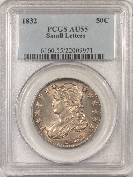 Early Halves 1832 CAPPED BUST HALF DOLLAR, SMALL LETTERS – PCGS AU-55, FLASHY & WELL STRUCK!