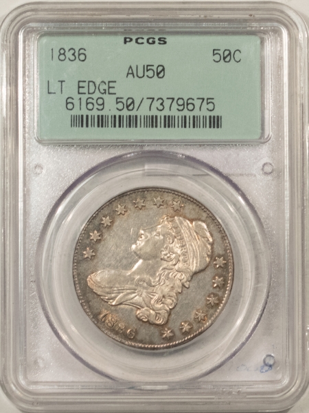 Early Halves 1836 CAPPED BUST HALF DOLLAR LETTERED EDGE PCGS AU-50 2 PIECE RATTLER FLASHY, PQ