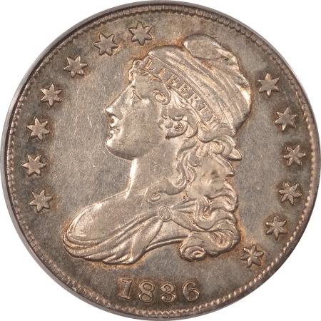 Early Halves 1836 CAPPED BUST HALF DOLLAR LETTERED EDGE PCGS AU-50 2 PIECE RATTLER FLASHY, PQ