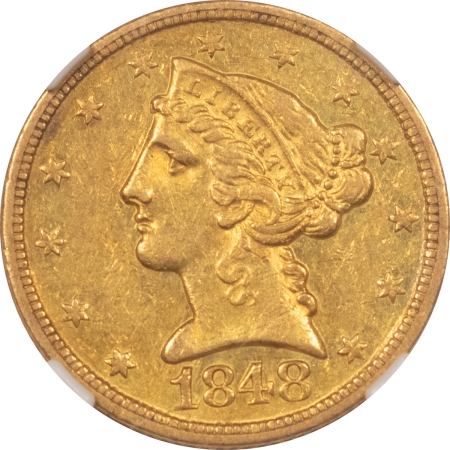 $5 1848-D $5 LIBERTY GOLD – NGC AU-55, PLEASING SURFACES W/ LUSTER! DAHLONEGA GOLD!