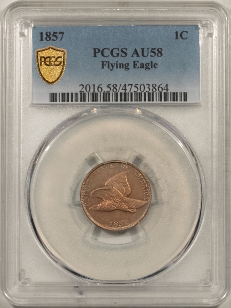 Flying Eagle 1857 FLYING EAGLE CENT – PCGS AU-58, LOOKS 62! PREMIUM QUALITY!