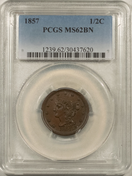 Braided Hair Half Cents 1857 BRAIDED HAIR HALF CENT – PCGS MS-62 BN, PREMIUM QUALITY!