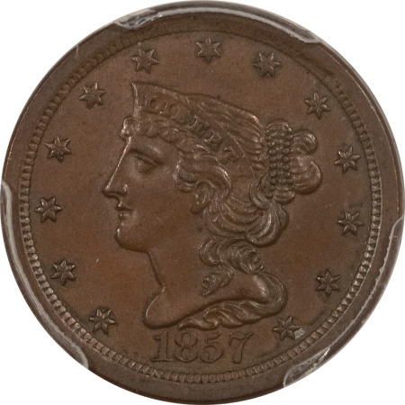 Braided Hair Half Cents 1857 BRAIDED HAIR HALF CENT – PCGS MS-62 BN, PREMIUM QUALITY!