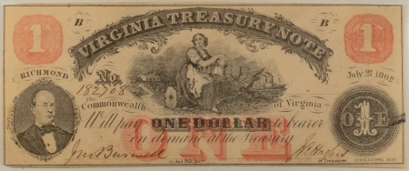 Confederate Notes 1862 ONE DOLLAR RICHMOND, VA, VIRGINIA TREASURY NOTE, CR-VA-17 PCGS AU-50 PPQ!