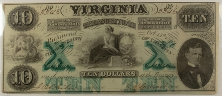 Confederate Notes 1862 TEN DOLLARS RICHMOND, VA, VIRGINIA TREASURY NOTE CR-VA-8 PCGS AU-50, BRIGHT