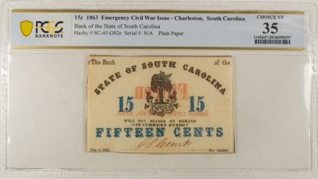 Confederate Notes 1863 CHARLESTON, SOUTH CAROLINA 15 CENTS EMERGENCY CIVIL WAR ISSUE PCGS CH VF-35