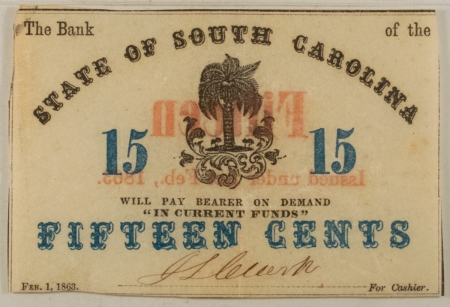 Confederate Notes 1863 CHARLESTON, SOUTH CAROLINA 15 CENTS EMERGENCY CIVIL WAR ISSUE PCGS CH VF-35