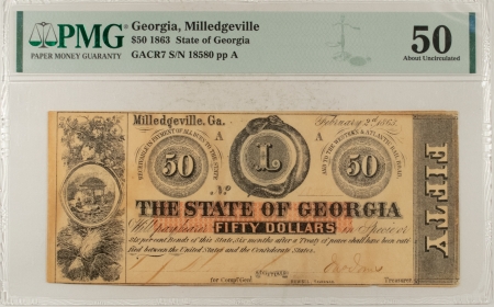 Confederate Notes 1863 $50 MILLEDGEVILLE, GA, STATE OF GEORGIA, WESTERN & ATLAN RAILROAD PMG AU-50