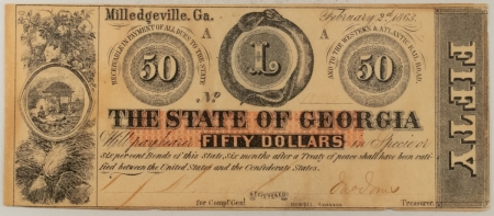 Confederate Notes 1863 $50 MILLEDGEVILLE, GA, STATE OF GEORGIA, WESTERN & ATLAN RAILROAD PMG AU-50