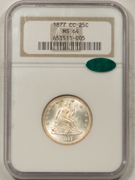 Liberty Seated Quarters 1877-CC LIBERTY SEATED QUARTER NGC MS-64 CAC APPROVED, BLAZING LUSTER & PQ!