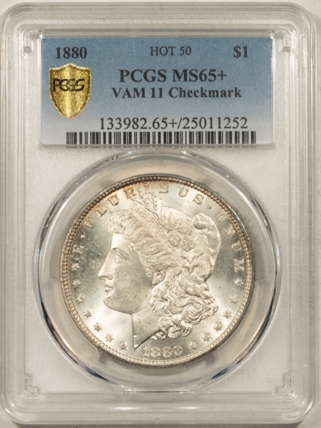 Morgan Dollars 1880 MORGAN DOLLAR, VAM-11 CHECKMARK, HOT 50 – PCGS MS-65+, FLASHY!