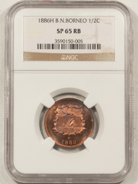 New Certified Coins 1886H BRITISH NORTH BORNEO HALF CENT – NGC SP-65 RB, KM-1, SCARCE SPECIMEN!