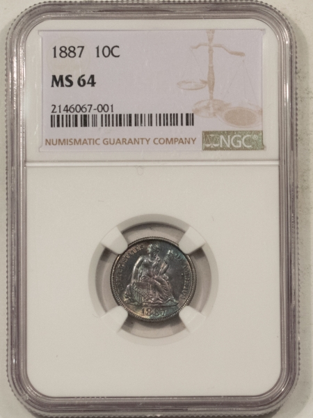 Liberty Seated Dimes 1887 SEATED LIBERTY DIME – NGC MS-64, PREMIUM QUALITY! LOVELY!!