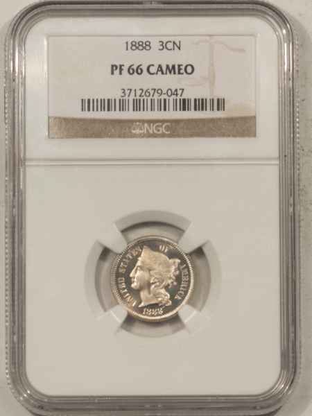 New Certified Coins 1888 PROOF THREE CENT NICKEL – NGC PF-66 CAMEO, PRISTINE W/ GREAT CONTRAST!