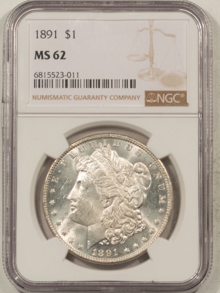 Morgan Dollars 1891 MORGAN DOLLAR – NGC MS-62, WHITE!