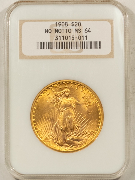 $20 1908 $20 ST GAUDENS GOLD, NO MOTTO – NGC MS-64, OLD FATTIE HOLDER!