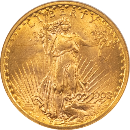 $20 1908 $20 ST GAUDENS GOLD, NO MOTTO – NGC MS-64, OLD FATTIE HOLDER!