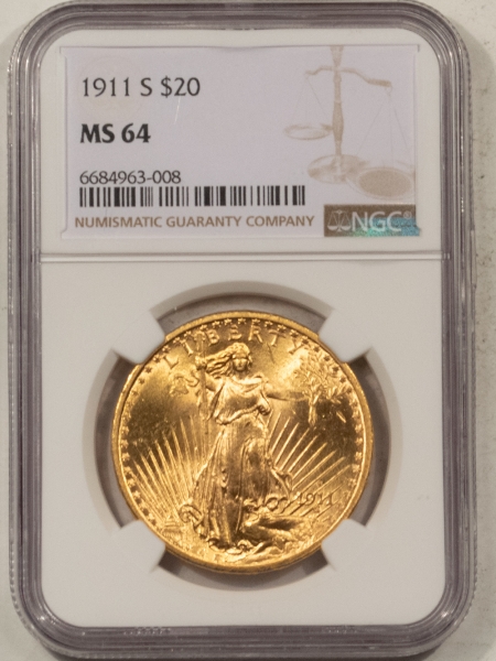 $20 1911-S $20 ST GAUDENS GOLD – NGC MS-64, FLASHY & LUSTROUS!