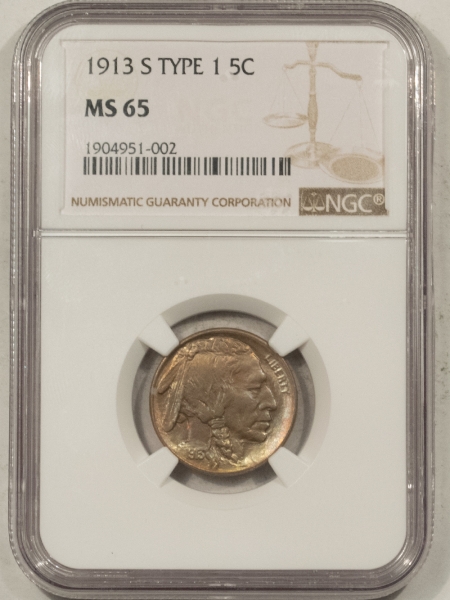 Buffalo Nickels 1913-S BUFFALO NICKEL, TYPE I – NGC MS-65, PRETTY GEM!