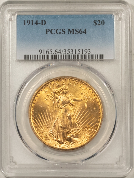 $20 1914-D $20 ST GAUDENS GOLD – PCGS MS-64, LUSTROUS BETTER DATE!