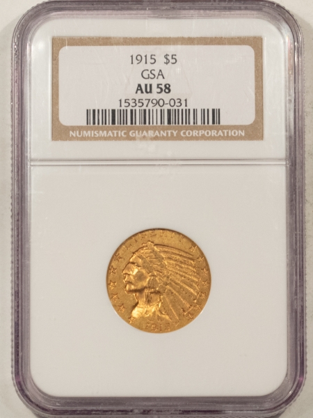 $5 1915 $5 INDIAN GOLD, GSA – NGC AU-58, FROM THE GSA HOARD