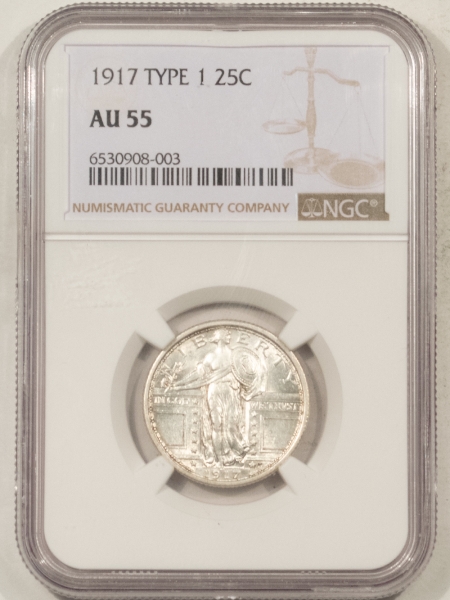 New Certified Coins 1917 STANDING LIBERTY QUARTER, TYPE I – NGC AU-55, WHITE FLASHY!