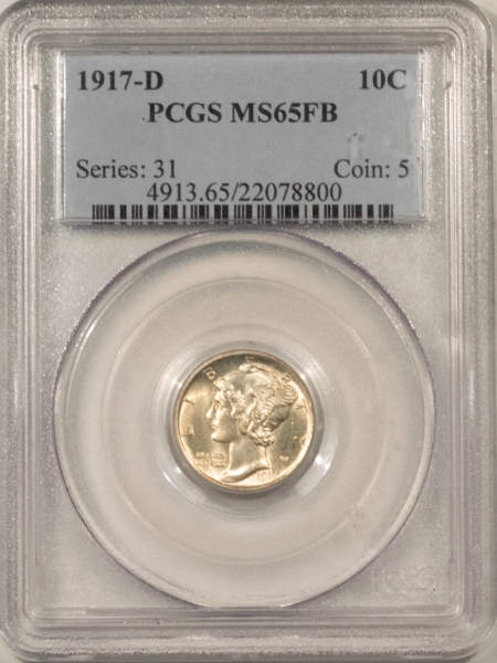 Mercury Dimes 1917-D MERCURY DIME – PCGS MS-65 FB, SCARCE GEM!