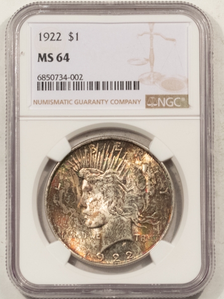 New Certified Coins 1922 PEACE DOLLAR – NGC MS-64, PREMIUM QUALITY WITH PRETTY TONING!