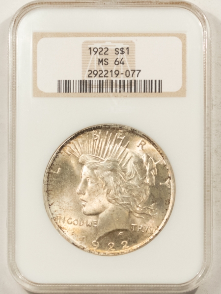 New Certified Coins 1922 PEACE DOLLAR – NGC MS-64, FATTIE HOLDER, PREMIUM QUALITY!