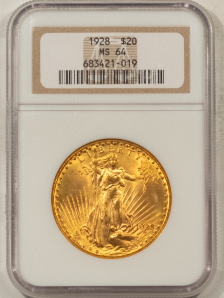 $20 1928 $20 ST GAUDENS GOLD – NGC MS-64, NICE LUSTROUS, NEAR GEM!