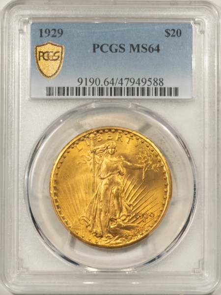 $20 RARE 1929 $20 ST GAUDENS GOLD, PCGS MS-64; FIRST OF THE “FAB-5” DATE RUN; FRESH!