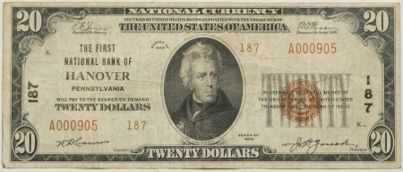 New Store Items 1929 $20 TY 2 NATIONAL BANKNOTE, CHTR 187, FNB OF HANOVER, PA, VF, SMALL REV SCR