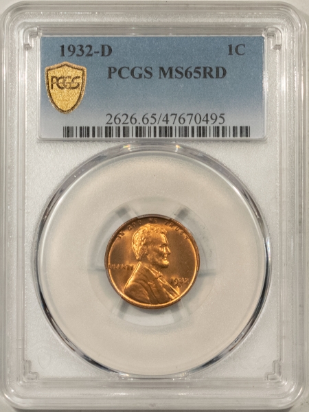 Lincoln Cents (Wheat) 1932-D LINCOLN CENT – PCGS MS-65 RD, GEM! FRESH!