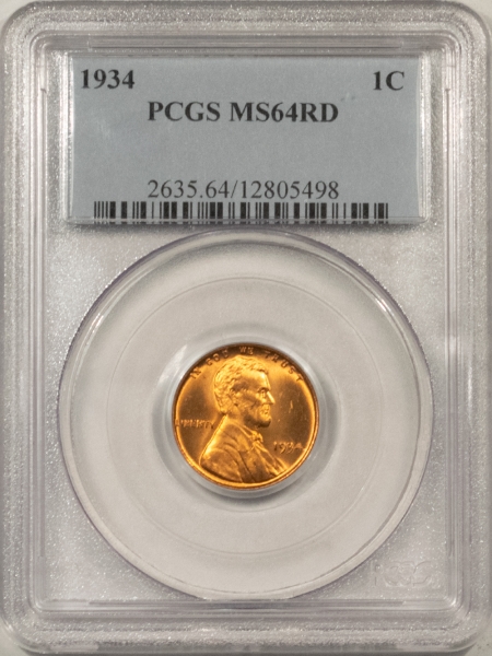 Lincoln Cents (Wheat) 1934 LINCOLN CENT – PCGS MS-64 RD, BLAZING RED!