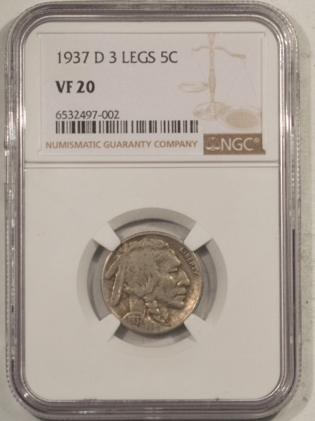 Buffalo Nickels 1937-D BUFFALO NICKEL, 3 LEGS – NGC VF-20, NICE ORIGINAL KEY-DATE!