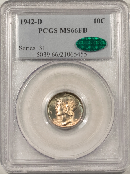 CAC Approved Coins 1942-D MERCURY DIME – PCGS MS-66 FB, PRETTY, PREMIUM QUALITY, CAC APPROVED!