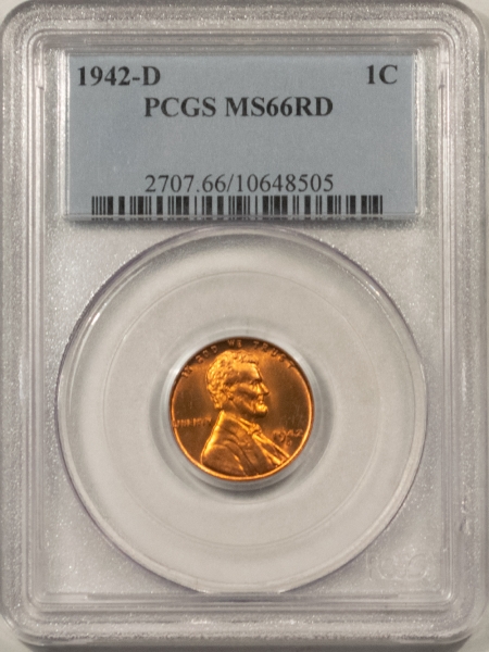 Lincoln Cents (Wheat) 1942-D LINCOLN CENT – PCGS MS-66 RD, LUSTROUS, PRETTY!