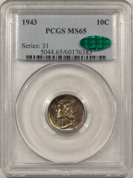 CAC Approved Coins 1943 MERCURY DIME – PCGS MS-65, VERY PRETTY! CAC APPROVED!