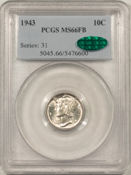 CAC Approved Coins 1943 MERCURY DIME-PCGS MS-66 FB, FRESH WHITE GEM! PREMIUM QUALITY! CAC APPROVED!